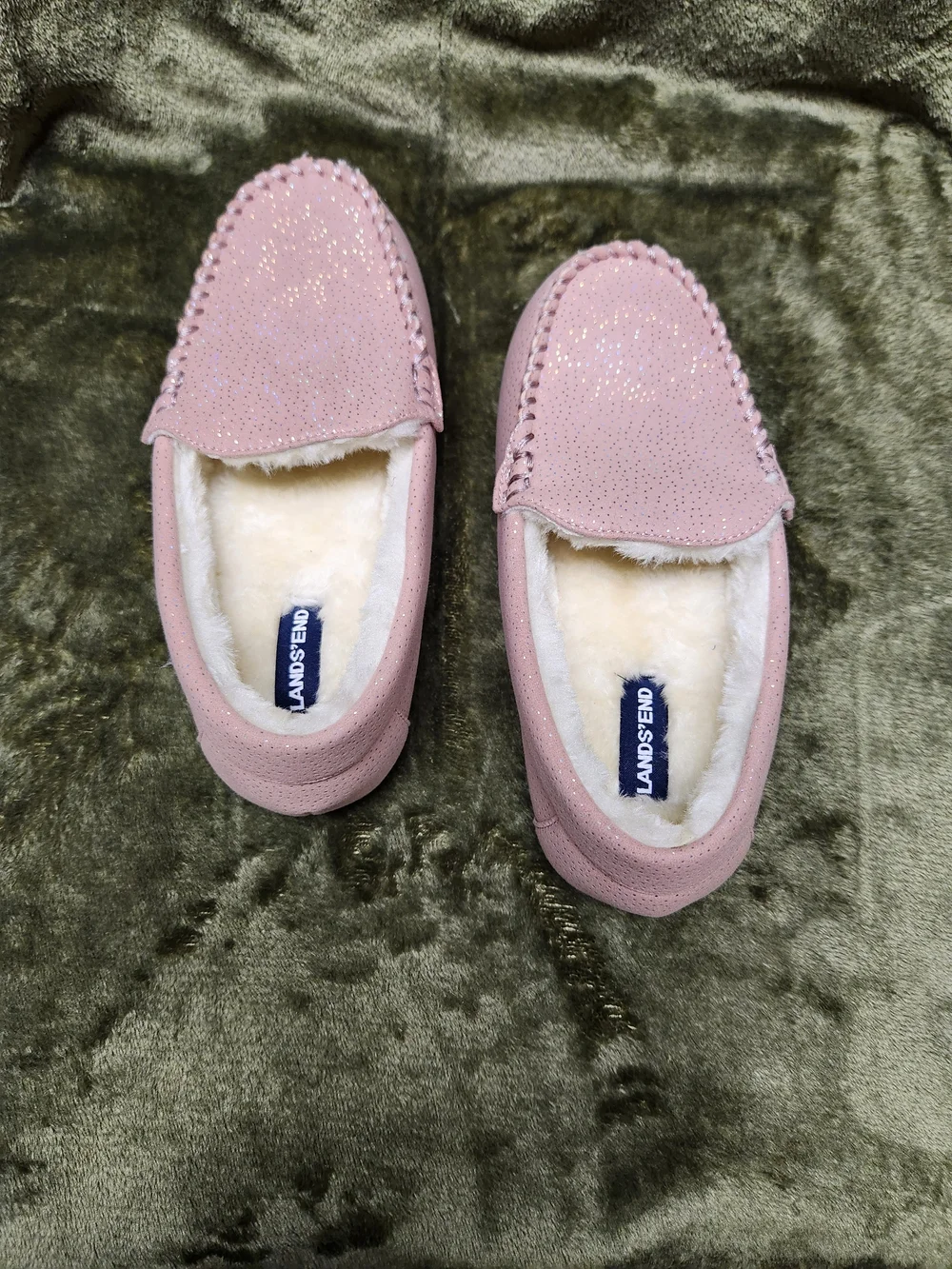 Lands' End Dusty Pink Sparkle Faux-Fur Lined Girl's Moccasins